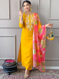 KALINI Floral Embroidered Straight Kurta With Trousers & Dupatta