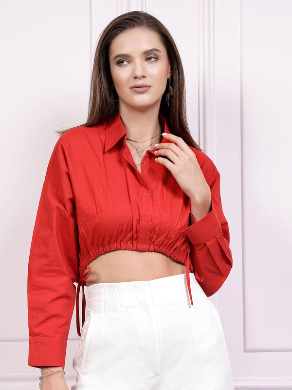 Athena Drop Shoulder Sleeves Cotton Shirt Style Crop Top
