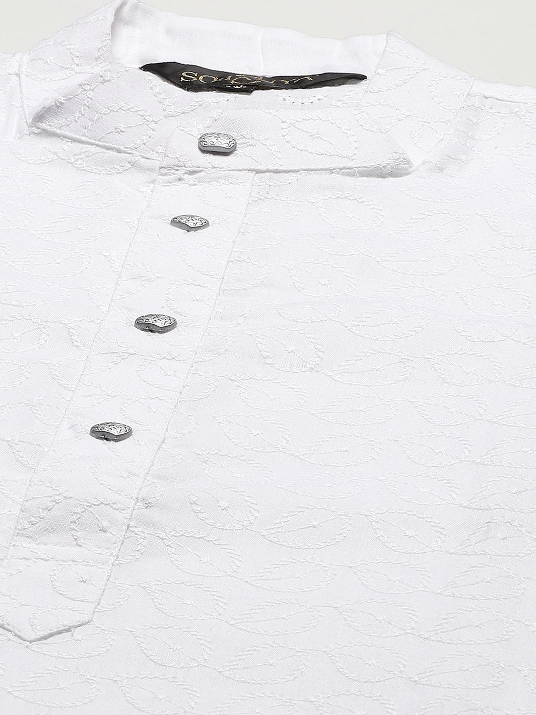 SOJANYA Men White Ethnic Motifs Chikankari Pure Cotton Kurta with Churidar & Nehru Jacket
