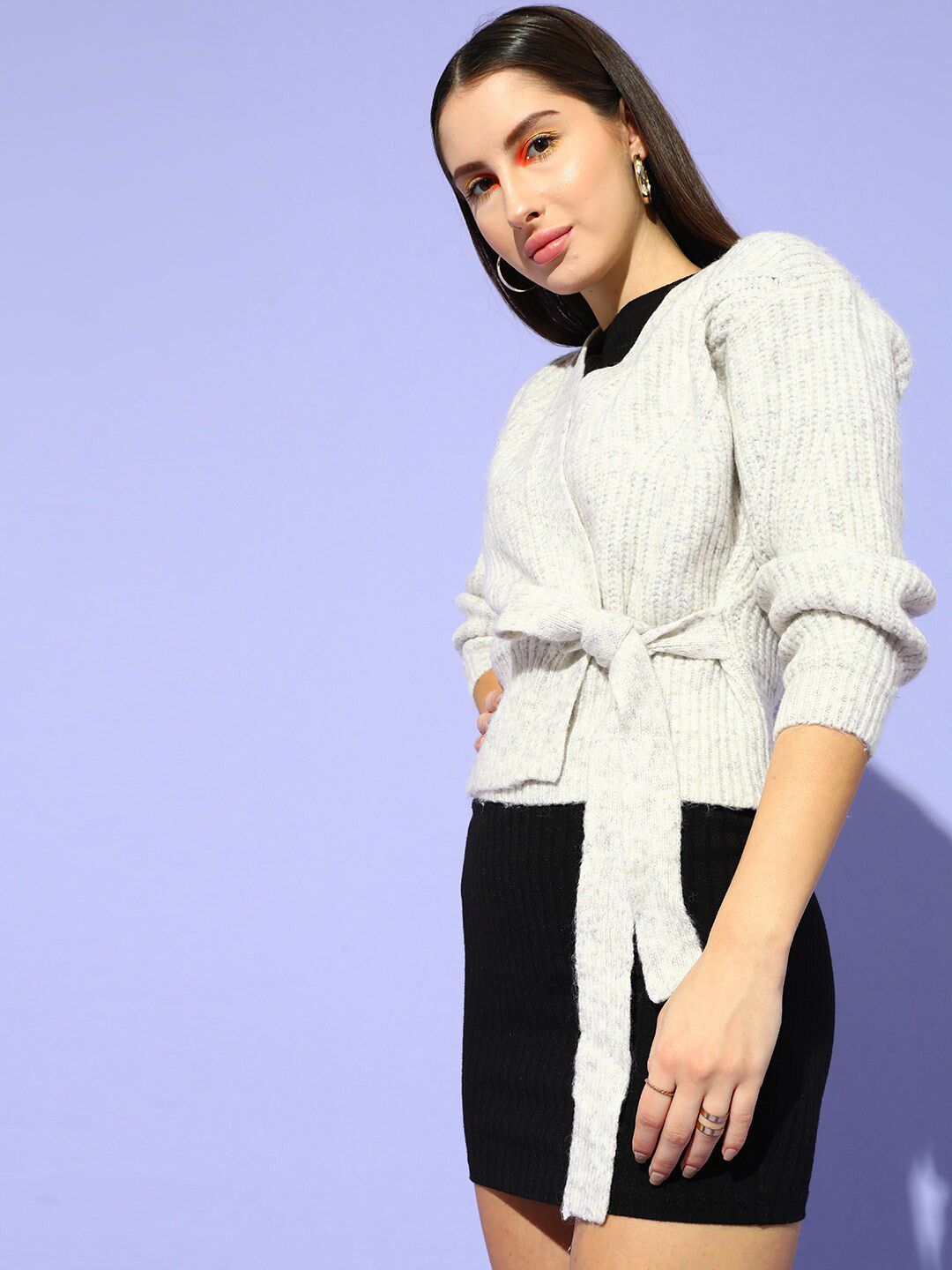 STREET 9 Women Grey Wrap Tie Up Crop Acrylic Cardigan