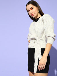 STREET 9 Women Grey Wrap Tie Up Crop Acrylic Cardigan