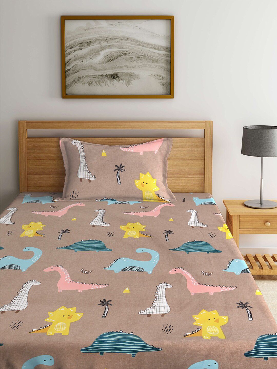 KLOTTHE Brown Cartoon Fitted 300 TC Single Fine Bedsheet With 1 Pillow Cover-225X150 cm