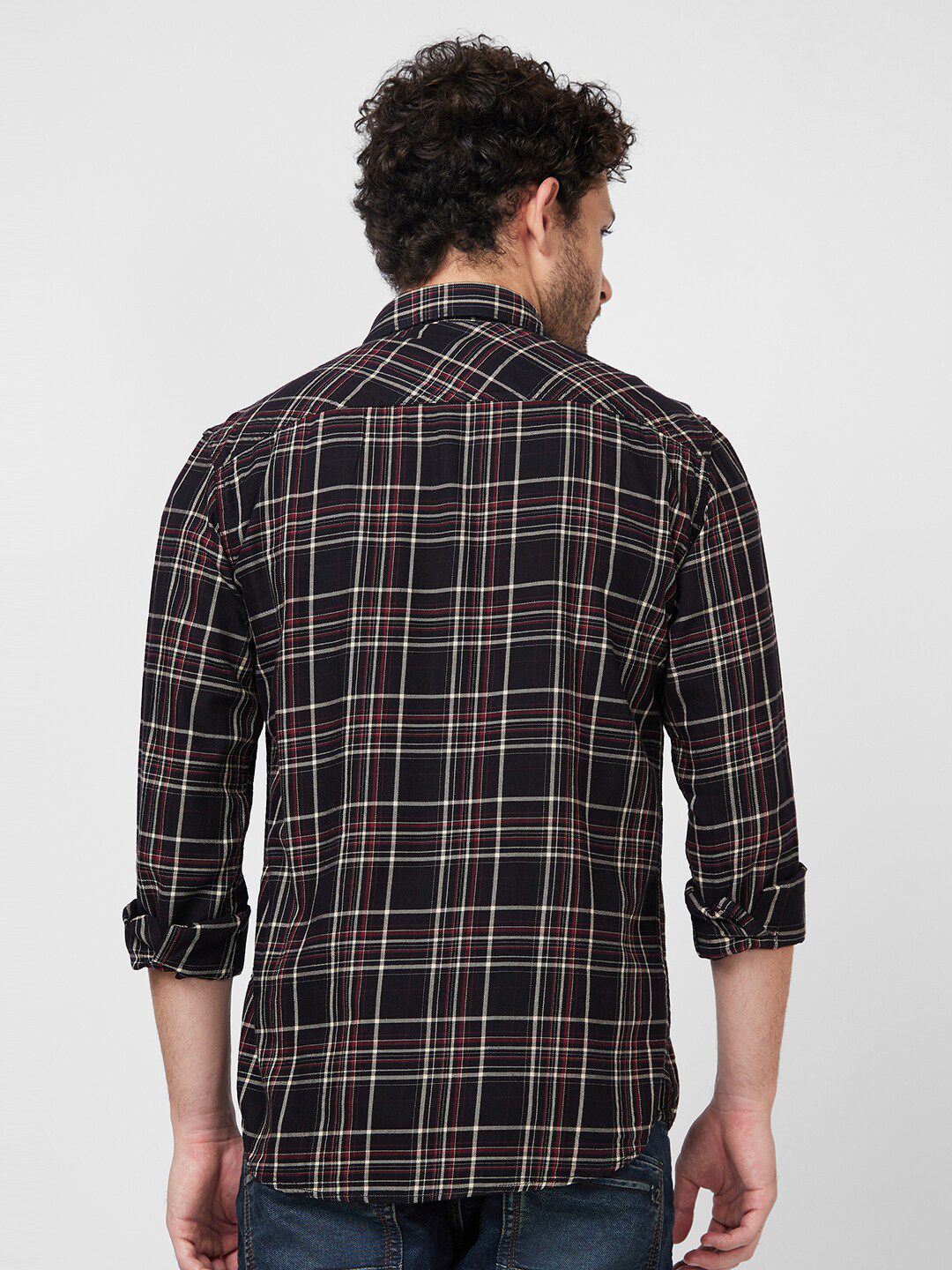 SPYKAR Tartan Checked Spread Collar Denim Casual Cotton Shirt