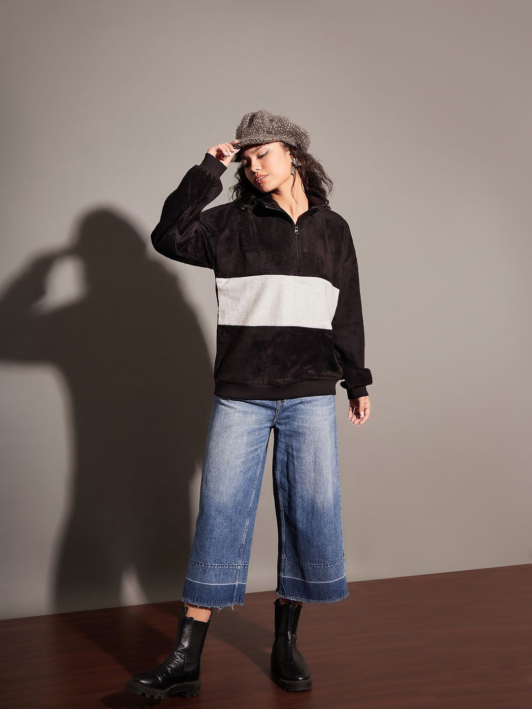 SASSAFRAS Black Colourblocked Mock Collar Sweatshirt