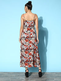 SASSAFRAS Women Gorgeous Red Floral Peekaboo Slit Dress