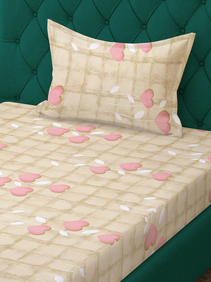 KLOTTHE Beige & Pink Pure Cotton 400 TC Fitted Single Bedsheet With Pillow Cover