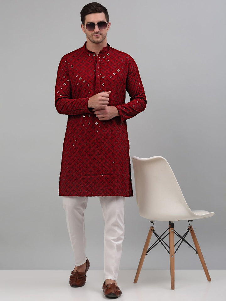 Jompers Mandarin Collar Embroidered Chikankari Straight Kurta With Pyjamas