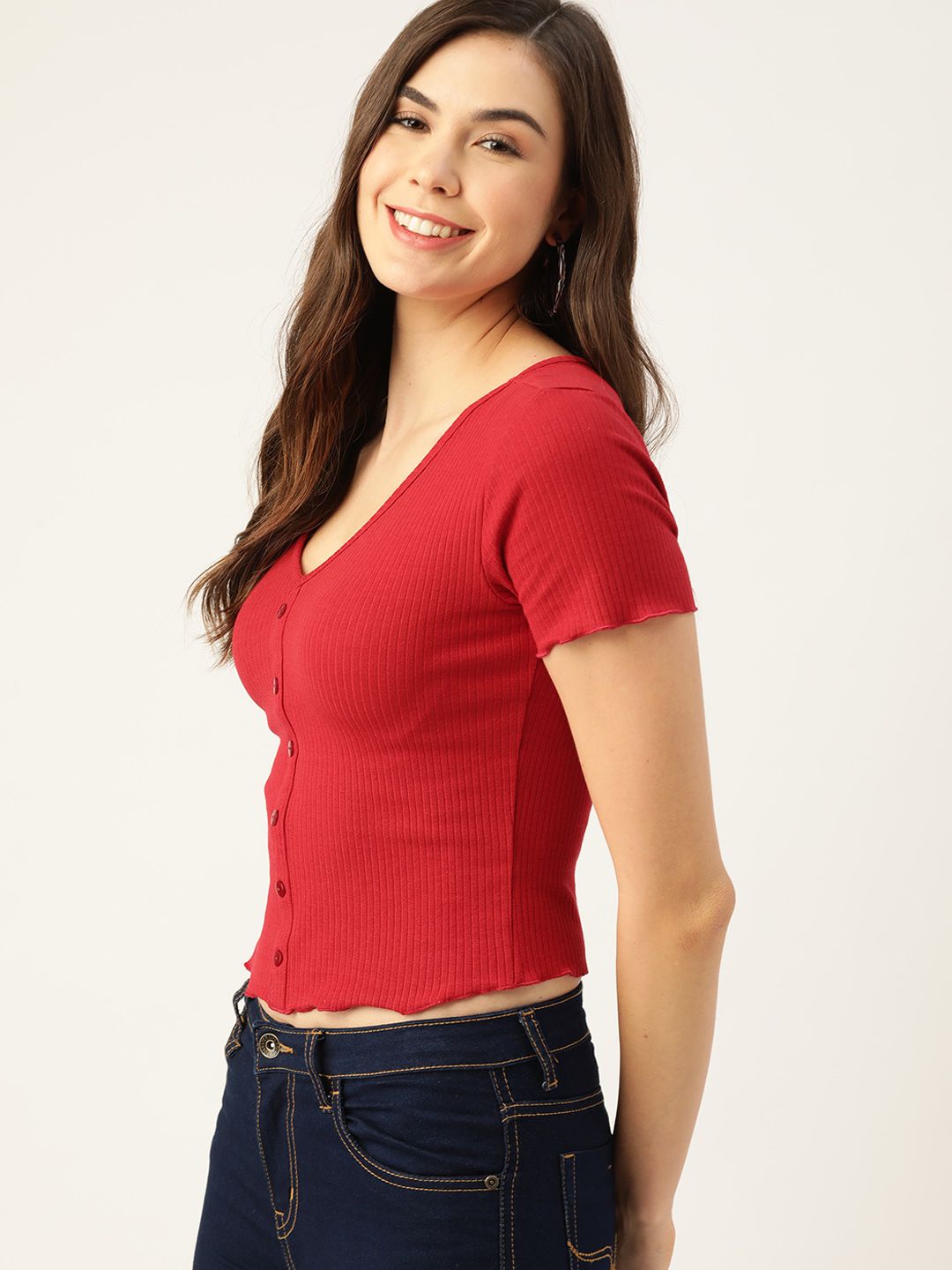 DressBerry Women Red Striped V-Neck Ribbed T-shirt
