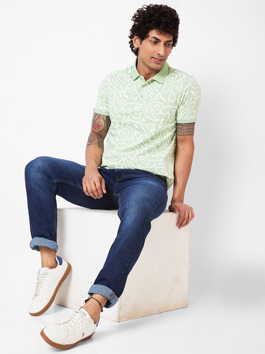 SPYKAR Floral Printed Polo Collar Slim Fit T-shirt