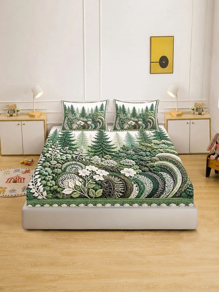KLOTTHE Green & White Floral 400 TC King Bedsheet with 2 Pillow Covers