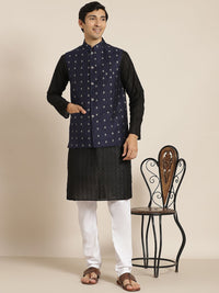 SOJANYA Men Black Ethnic Motifs Chikankari Pure Cotton Kurta with Churidar & Nehru Jacket