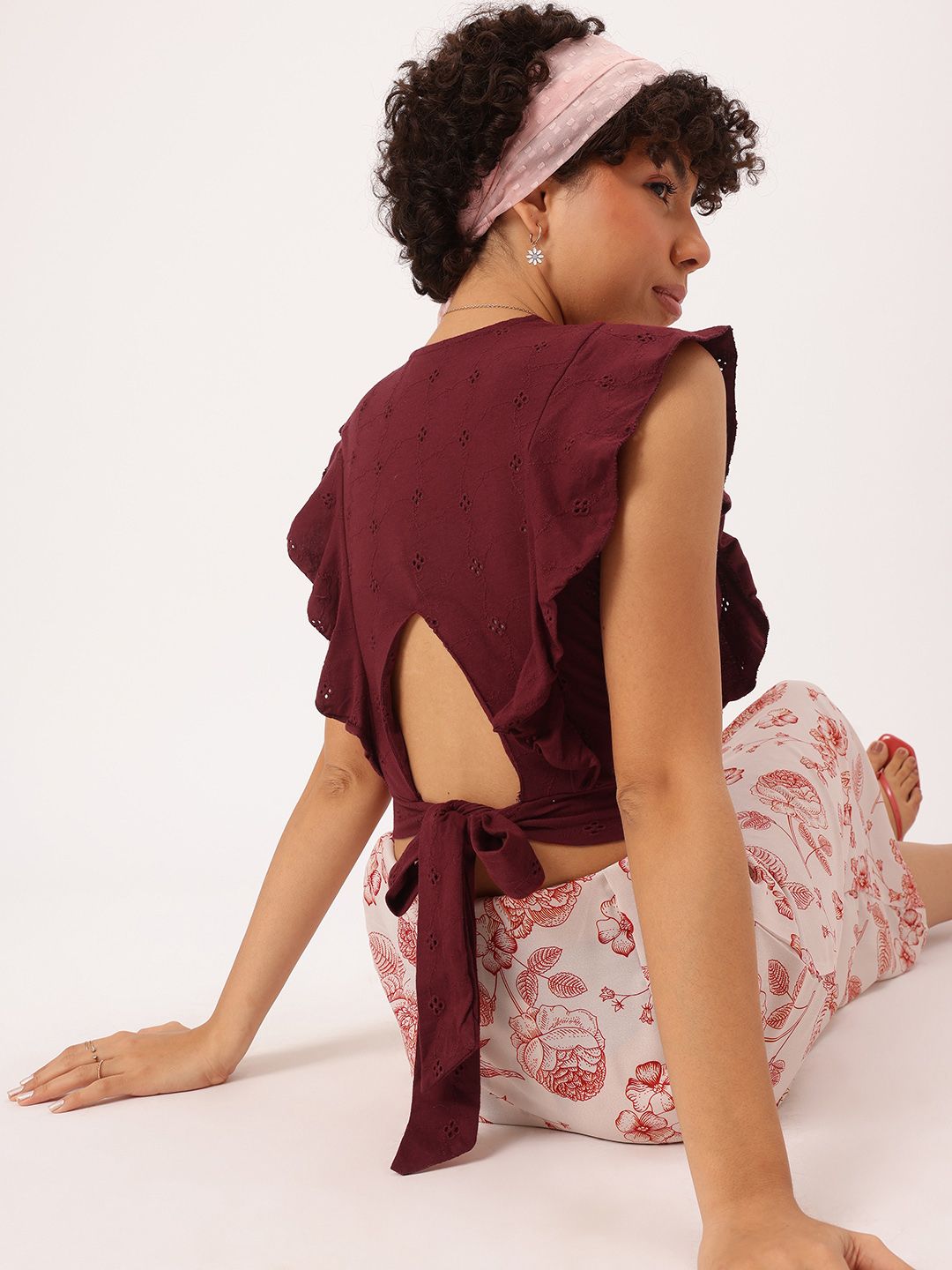 DressBerry Schiffli Slay Ruffled Cut-Out Tie-Up Back Wrap Crop Top