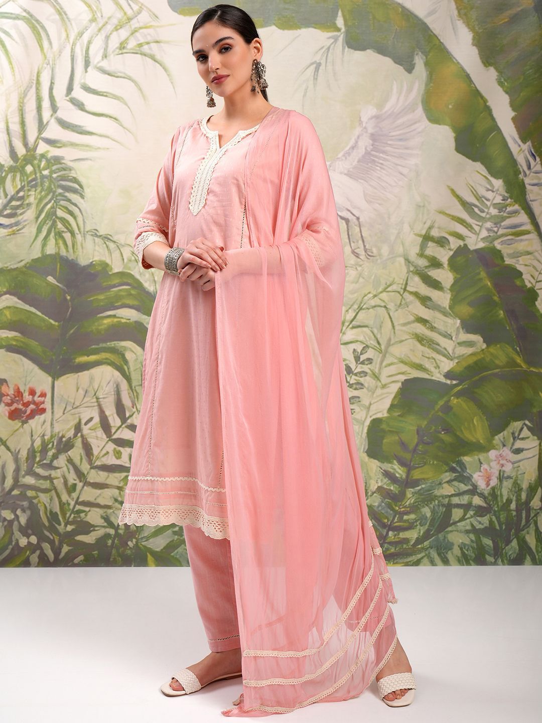Vishudh V Neck Pure Cotton Straight Kurta & Trousers With Dupatta