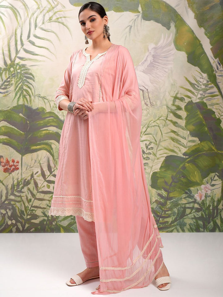 Vishudh V Neck Pure Cotton Straight Kurta & Trousers With Dupatta