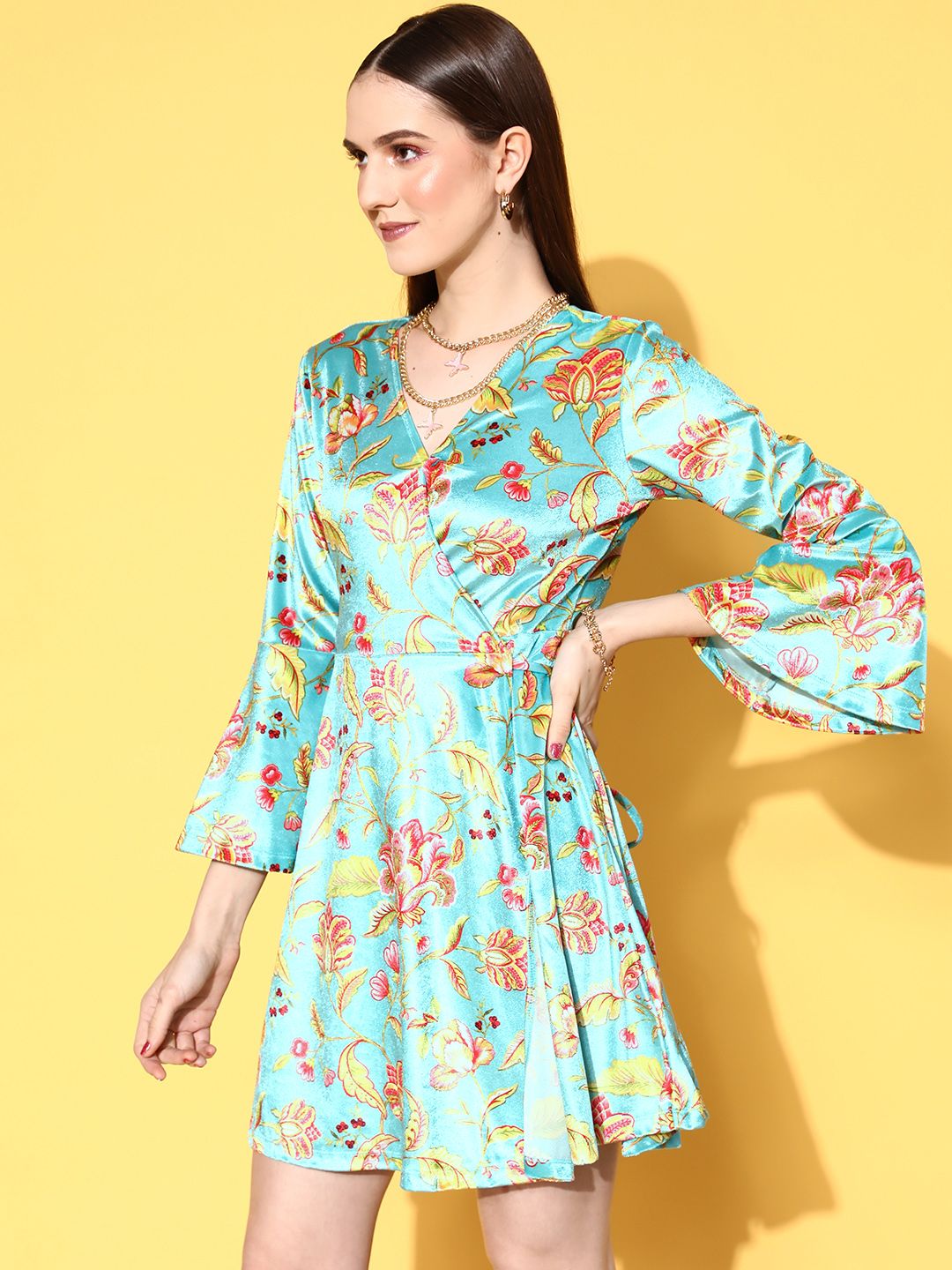 SASSAFRAS Women Stunning Turquoise Blue Floral Wrap It Up Dress