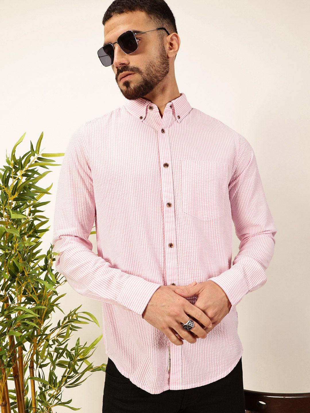 Thomas Scott Men Premium Slim Fit Striped Button-Down Collar Pure Cotton Casual Shirt