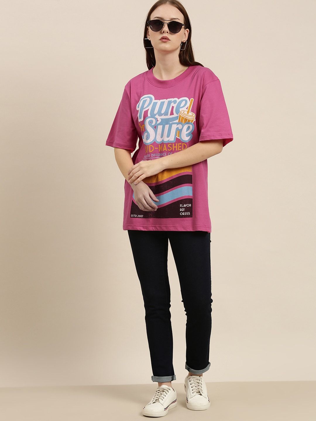 Difference of Opinion Women Pink Printed Pure Cotton Loose Pure Cotton T-shirt