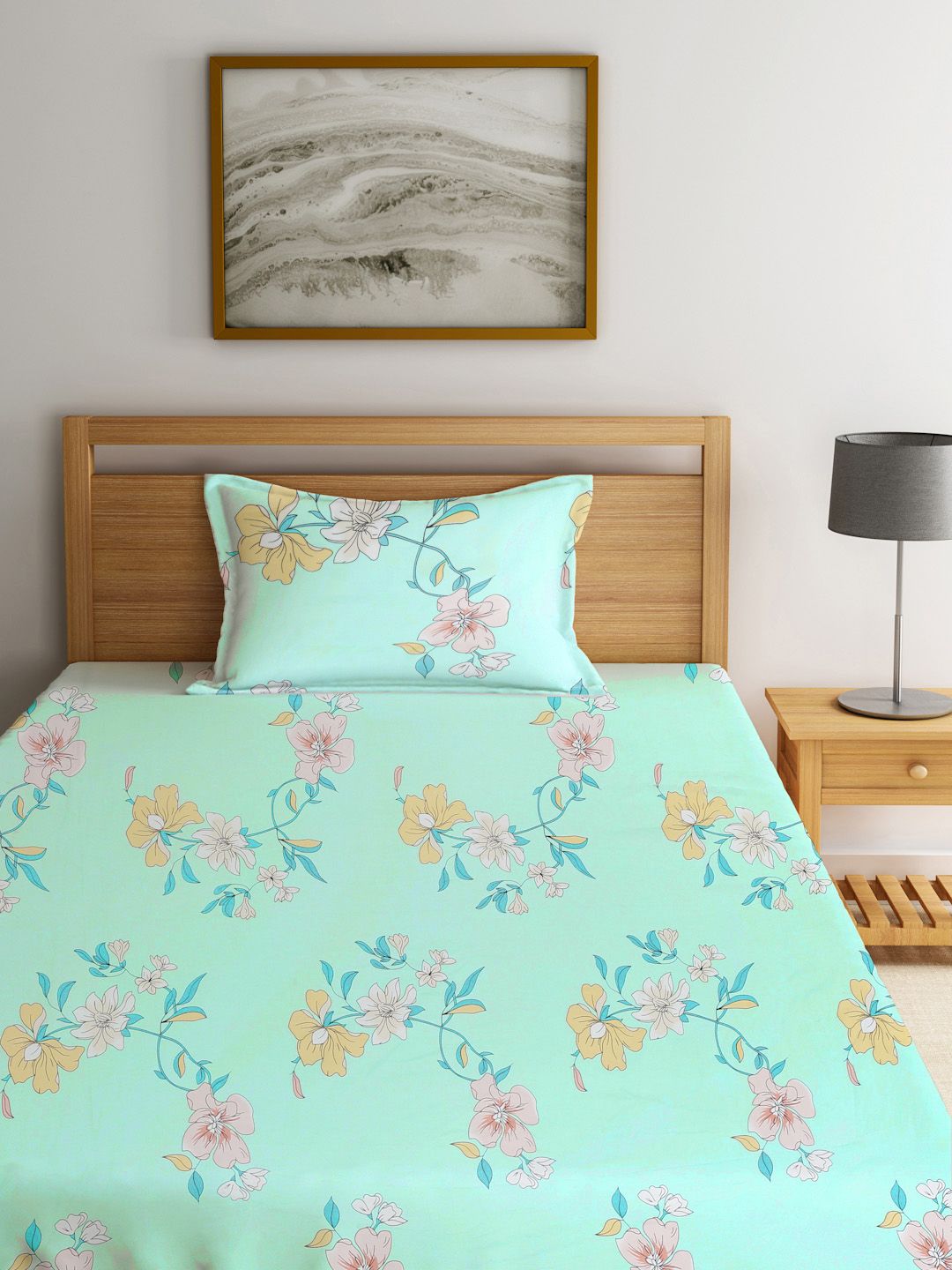 KLOTTHE Green Floral Cotton 300 TC Single Cadar Halus dengan Sarung Bantal-87 x 59 inci