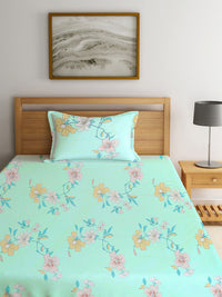 KLOTTHE Green Floral Cotton 300 TC Single Cadar Halus dengan Sarung Bantal-87 x 59 inci