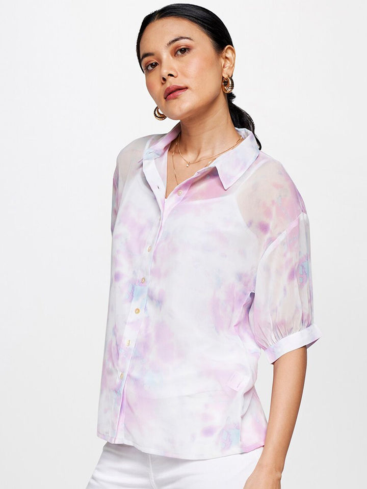 AND Print Semi-Sheer Cuffed Sleeves Shirt Style Top