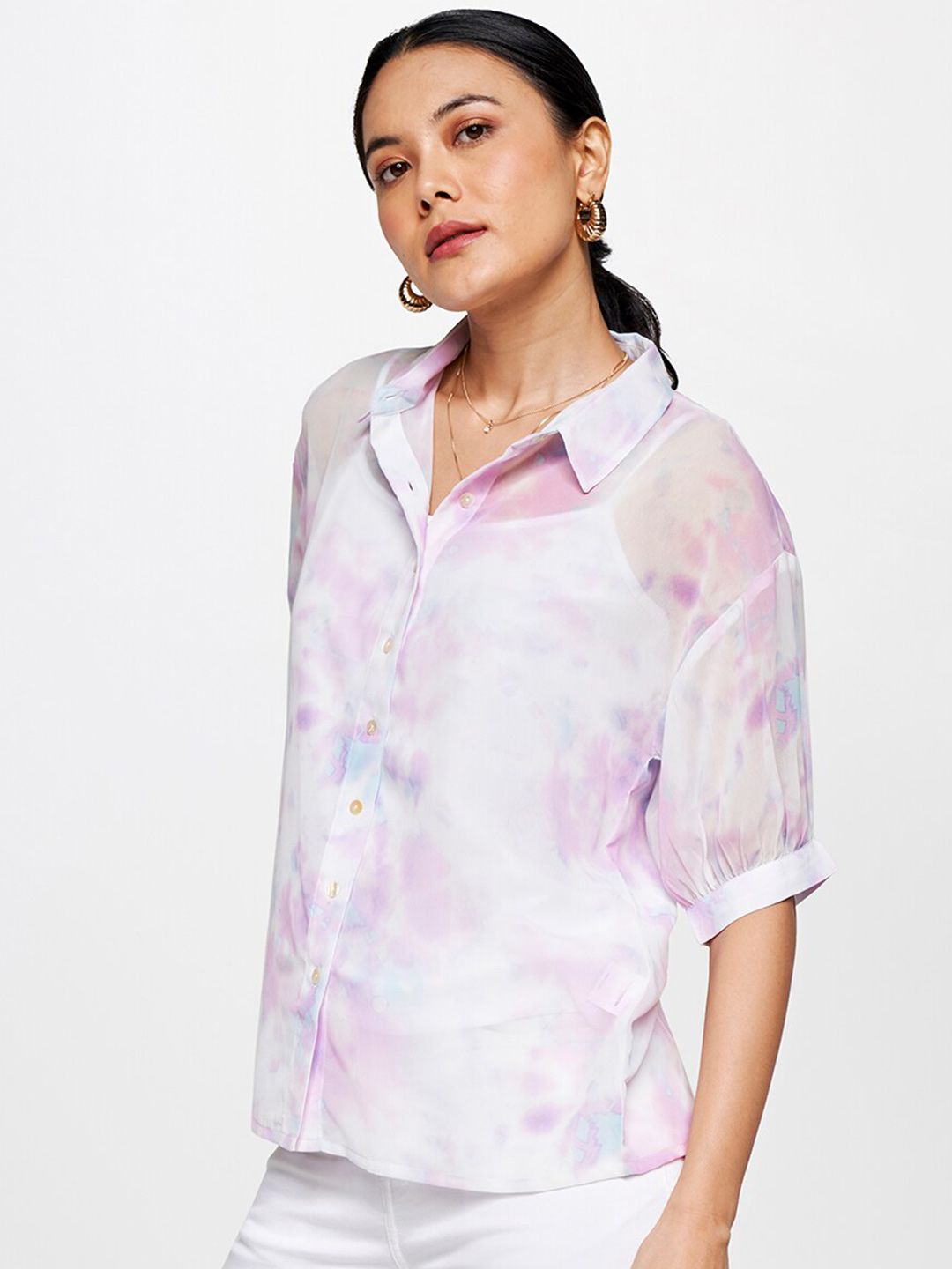AND Print Semi-Sheer Cuffed Sleeves Shirt Style Top