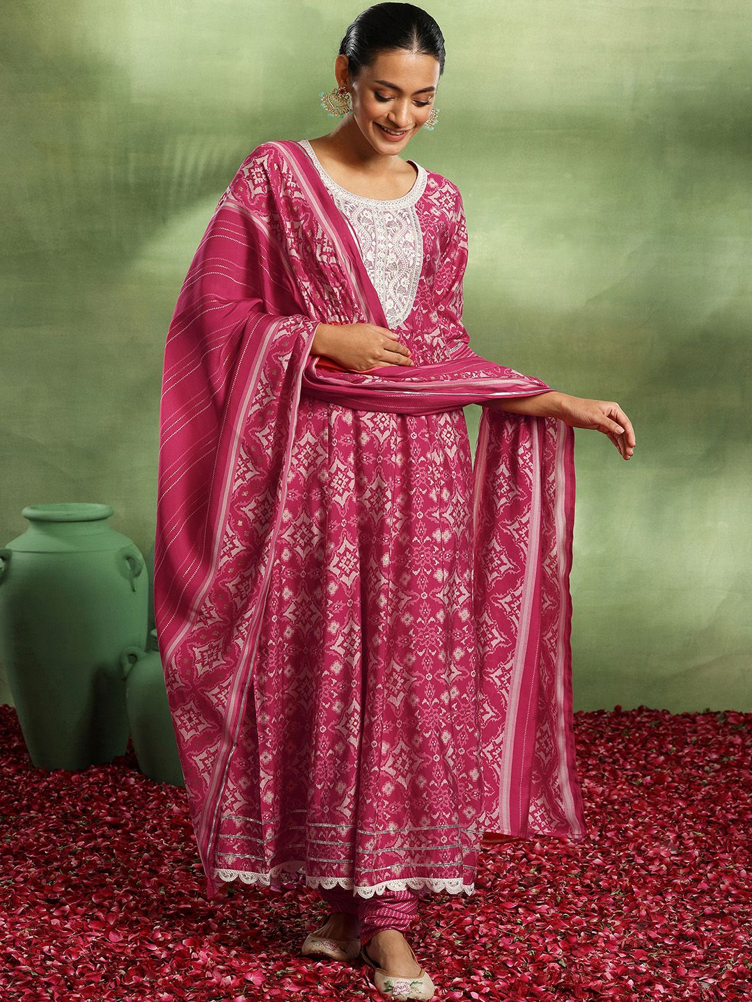 Libas Ethnic Motifs Printed Empire Thread Work Kurta with Churidar & Dupatta