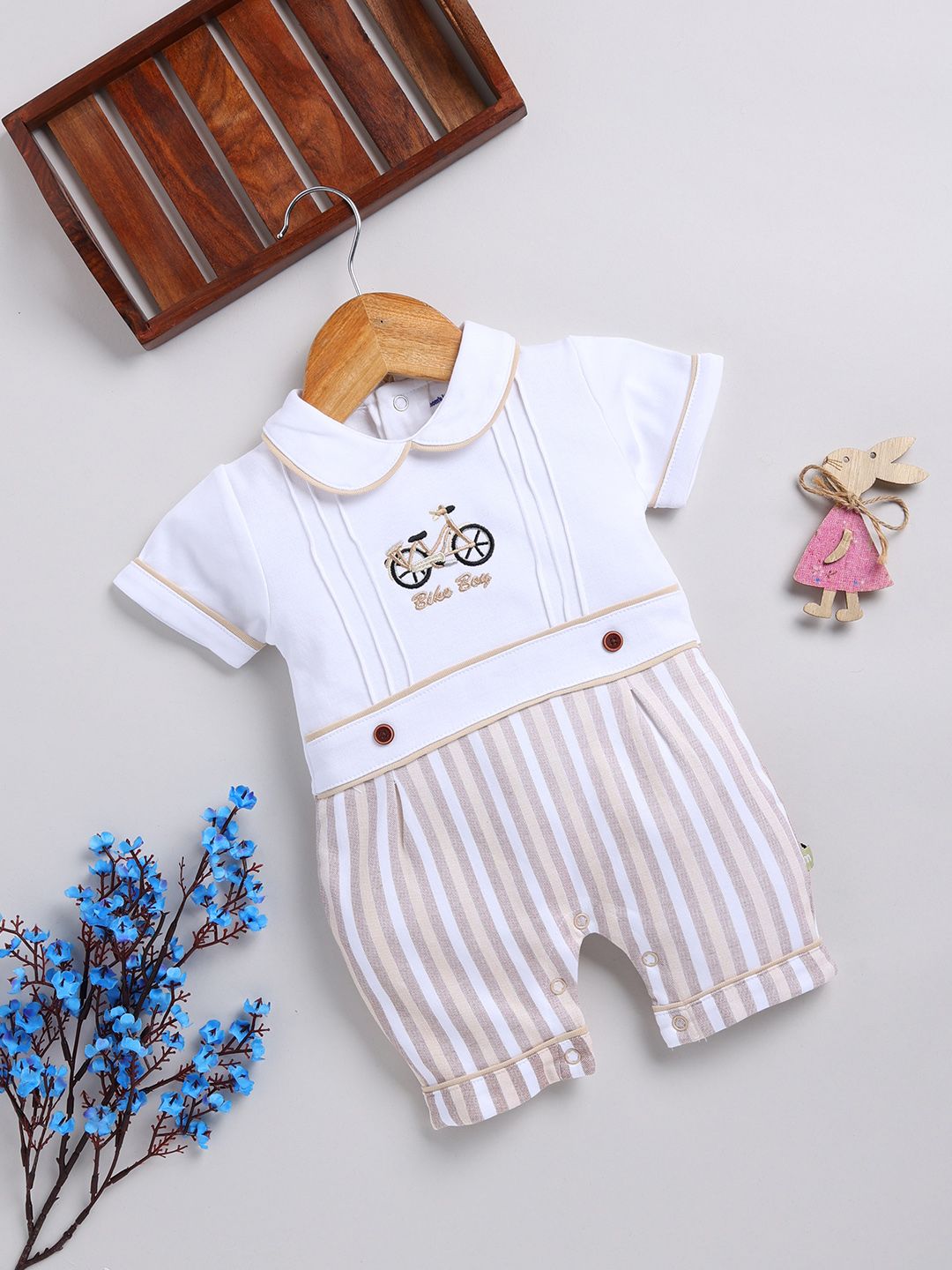 Moms Love Infant Girls Striped Cotton Rompers with Applique Detail