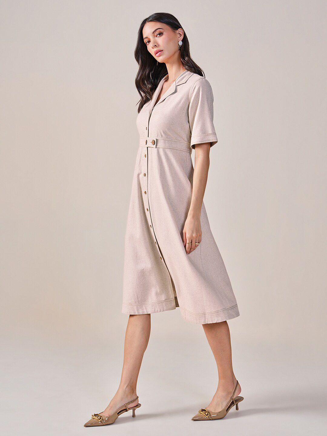 AND Lapel Collar Short Sleeves Shirt Midi Dress