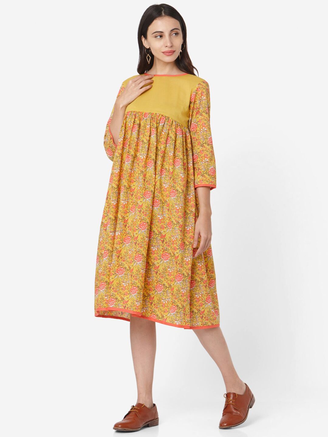 KALINI Floral Printed Three-Quarter Sleeves Cotton A-Line Dress