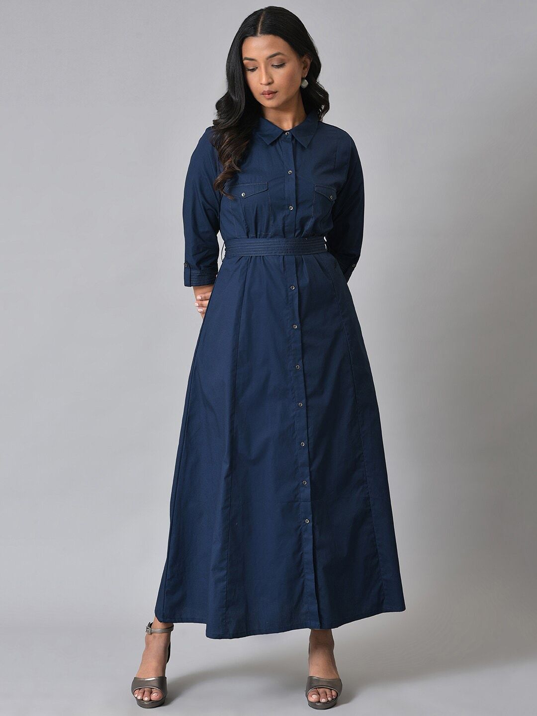 W Women Mandarin Collar Maxi Pure Cotton Dress With Fabric Belt