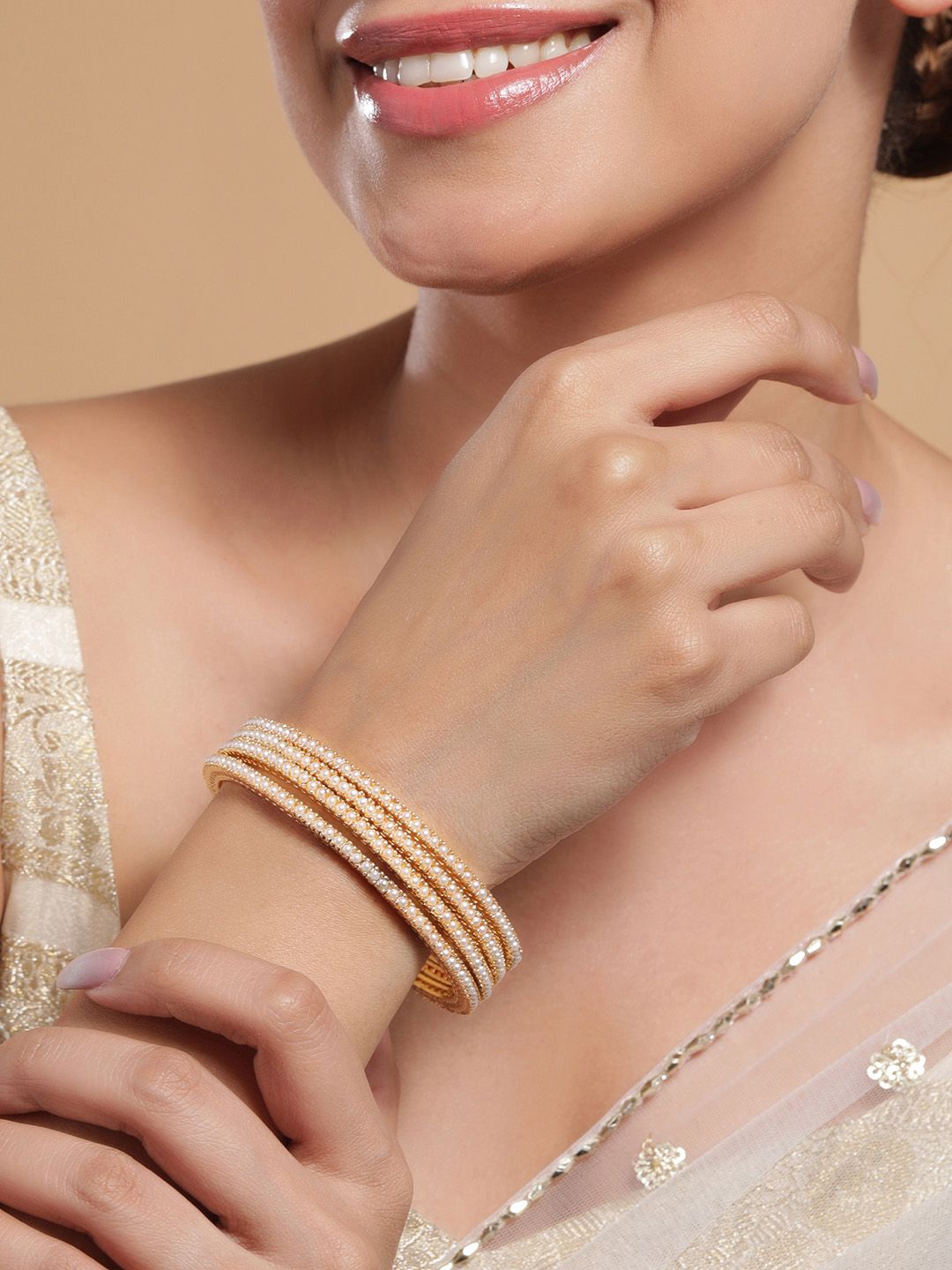 Rubans Set of 4 18K Gold-Plated Pearl Beaded Traditional Bangles - Classic & Elegant