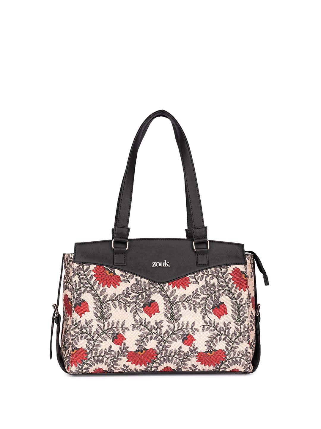 ZOUK Floral Printed Structured Jute Shoulder Bag-Upto 14"