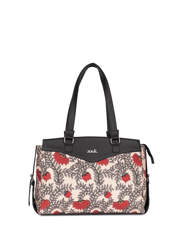 ZOUK Floral Printed Structured Jute Shoulder Bag-Upto 14"