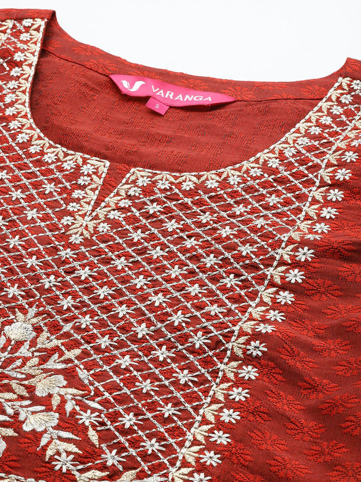 Varanga Yoke Design Regular Thread Work Kurta with Trousers & With Dupatta