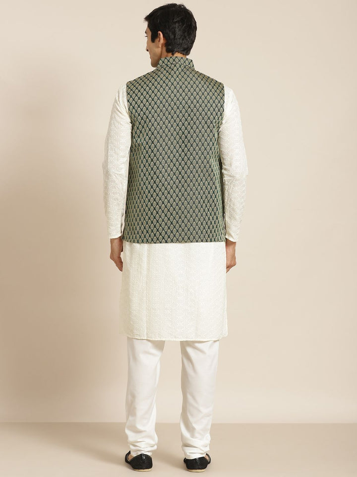 SOJANYA Men Cream-Coloured Chikankari Pure Cotton Kurta with Churidar & Nehrujacket