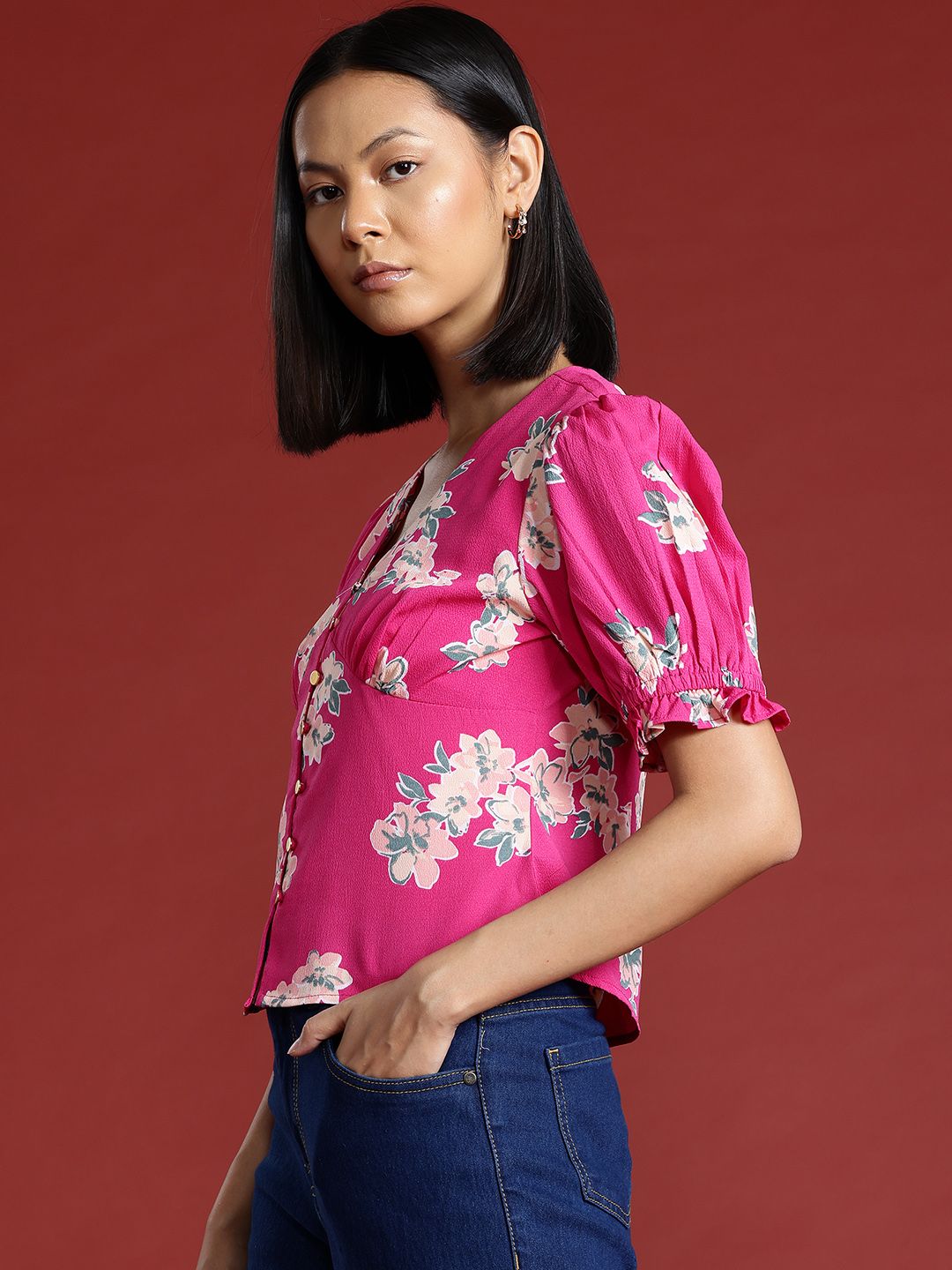 all about you Floral Printed Top with Puff Sleeves