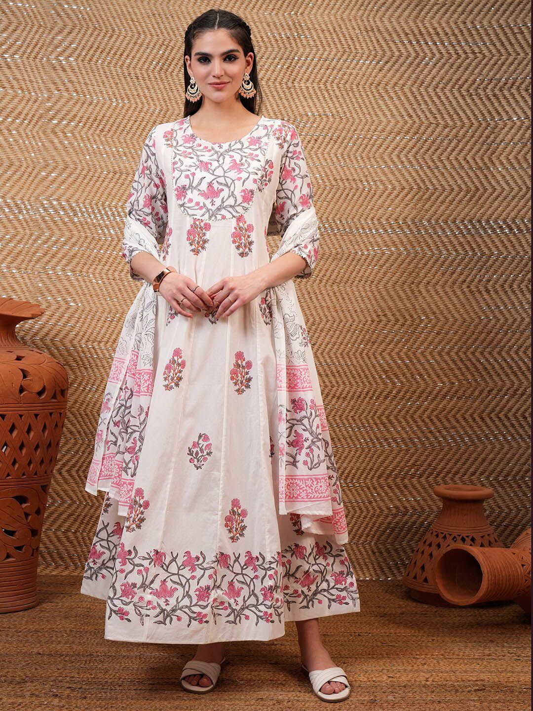 Vishudh White & Pink Floral Printed Pure Cotton Anarkali Kurta With Trouser & Dupatta