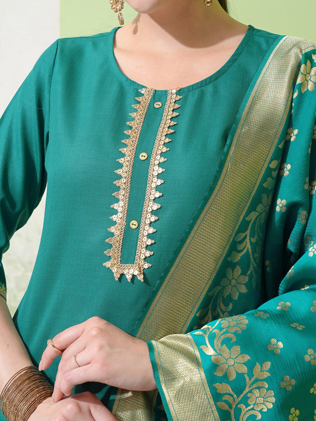 Vishudh Green & Gold Toned Round Neck Embellished Straight Kurta & Palazzos With Dupatta