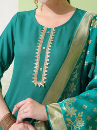 Vishudh Green & Gold Toned Round Neck Embellished Straight Kurta & Palazzos With Dupatta