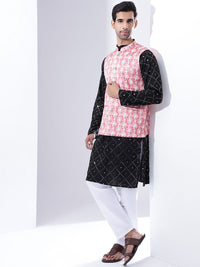 Kurta Kapas Sulam Geometri Lelaki Anouk Dengan Piyama & Jaket Nehru Coral Bercetak