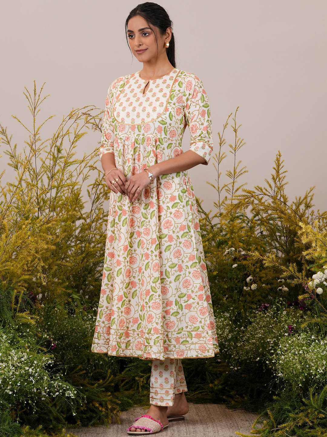 Libas Floral Printed Pleated Gotta Patti Pure Cotton Kurta with Trousers & Dupatta