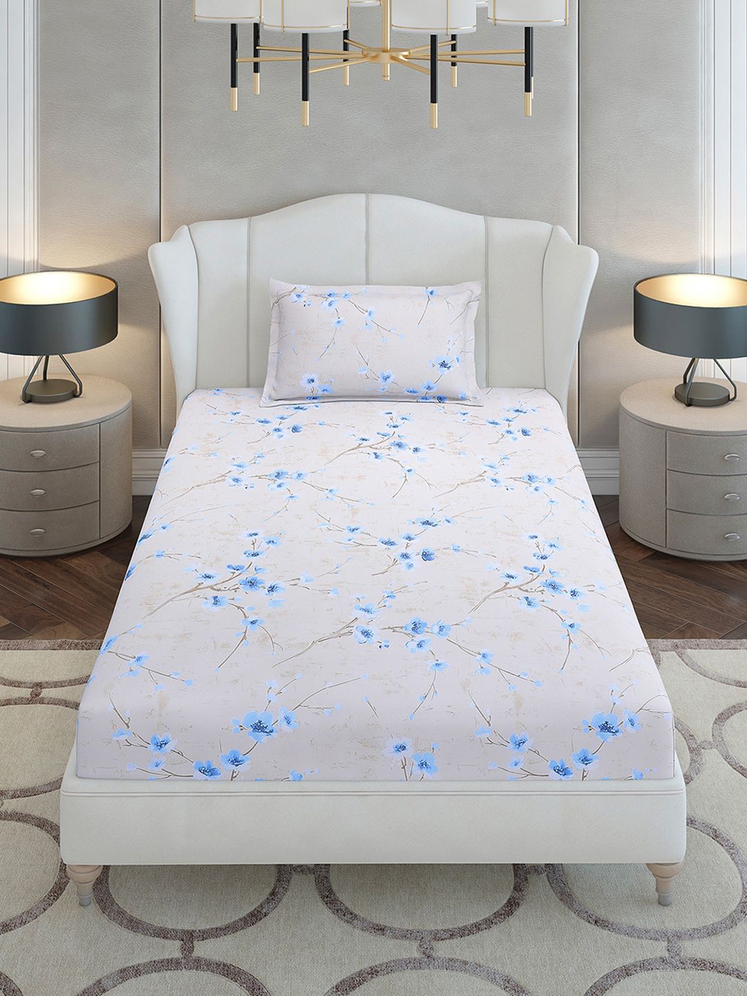 Monte Carlo Blue Floral Cotton 104 TC Single Bedsheet with 1 Pillow Covers- 2.24mx1.52m