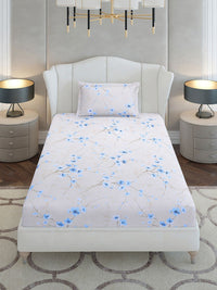 Monte Carlo Blue Floral Cotton 104 TC Single Bedsheet with 1 Pillow Covers- 2.24mx1.52m