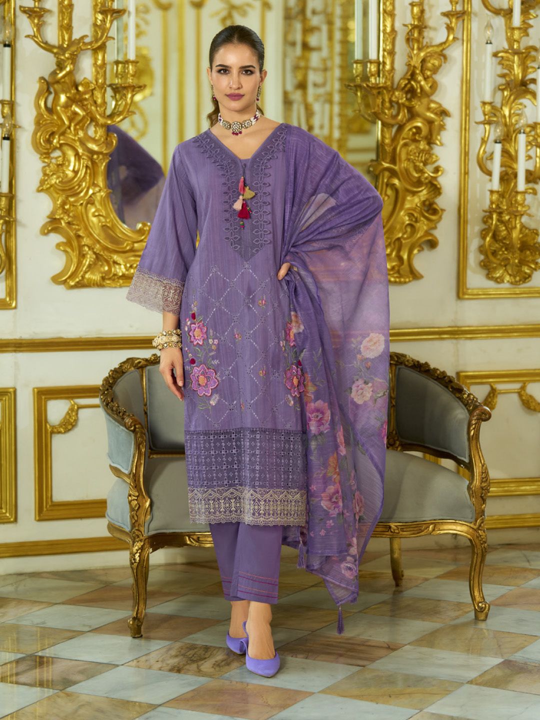 Varanga Nazrana Floral Thread Embroidered Schiffli Orangza Lace Kurta Trouser & Dupatta