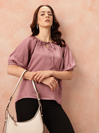 all about you Tie-Up Neck Puff Sleeves Gathered Detail Satin-Finish Top