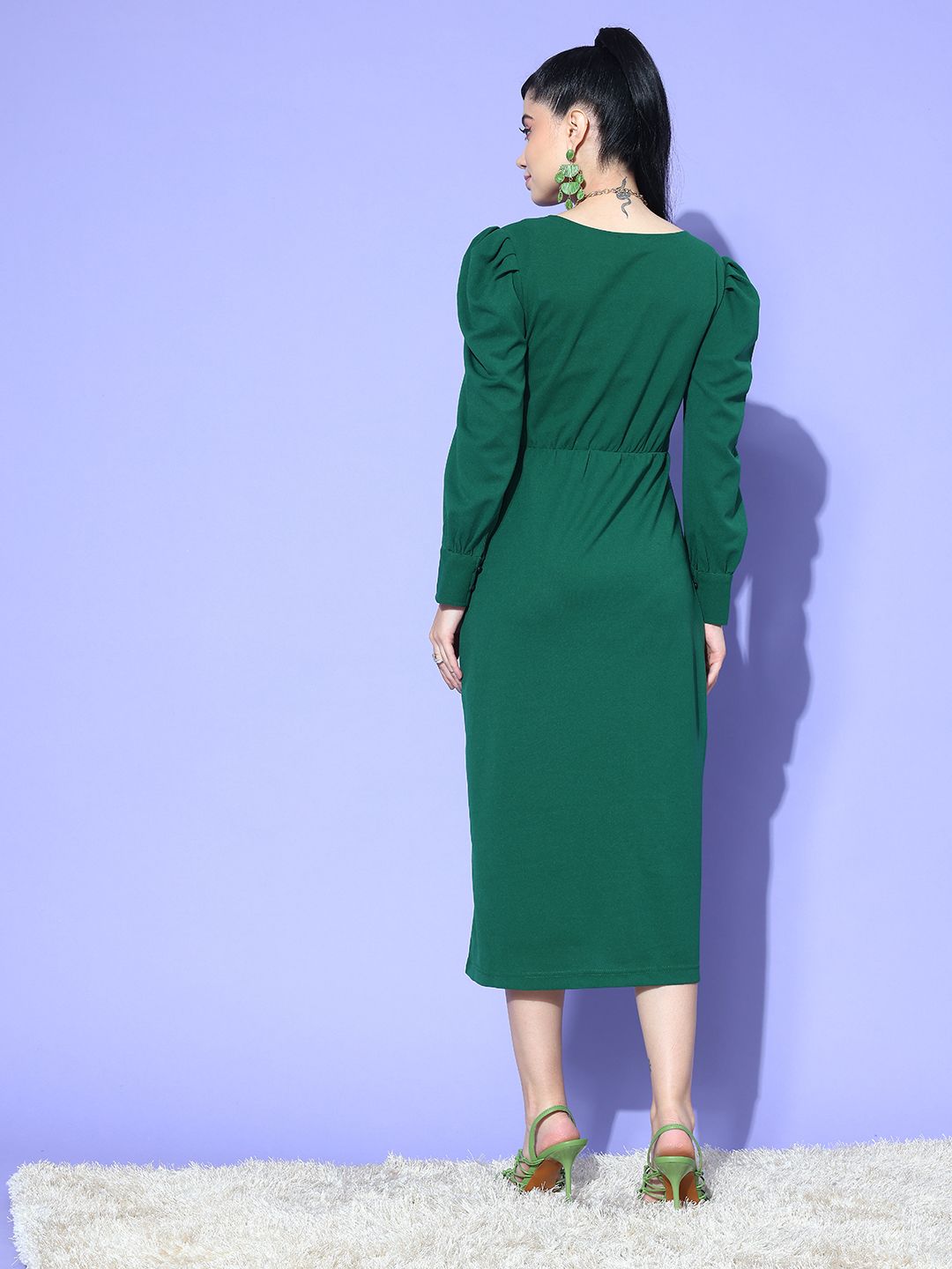 Antheaa Puff Sleeve A-Line Midi Dress