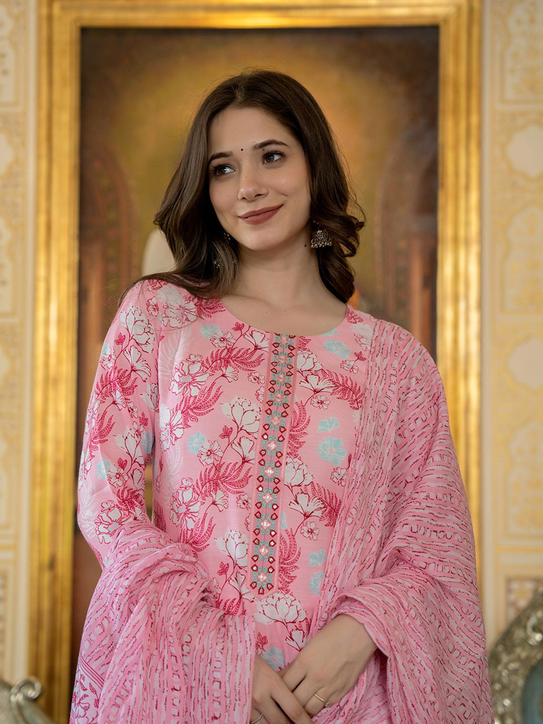 KALINI Floral Printed Thread Work Straight Kurta with Trousers & Dupatta