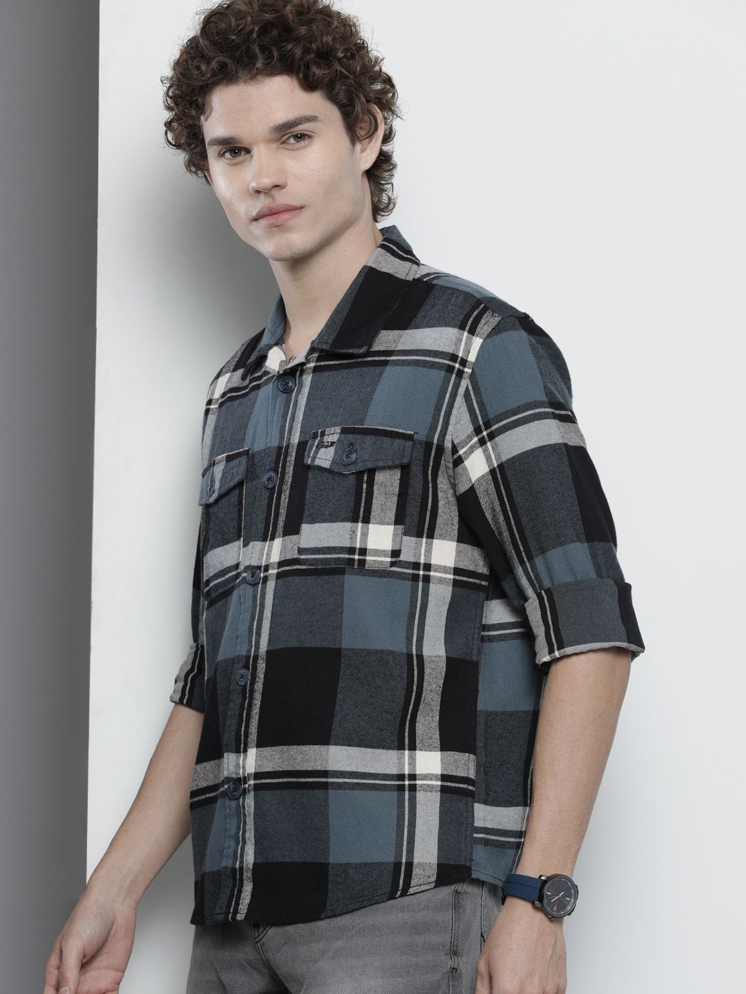 The Indian Garage Co Men Regular Fit Checked Double Flap Pocket Flannel Shirt