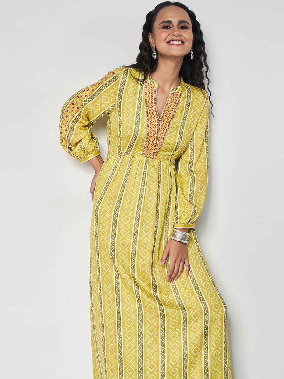 Global Desi Ethnic Motifs Printed Mandarin Collar Cuffed Sleeves Maxi Ethnic Dress