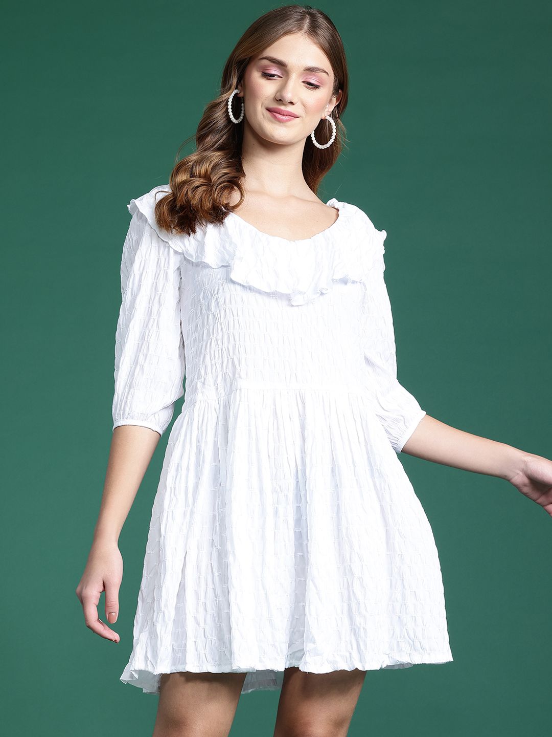 DressBerry Embroidered Puff Sleeve Ruffled Fit & Flare Dress